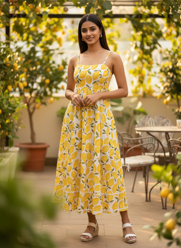 LEMON BREEZE Cotton Printed Dress For Women